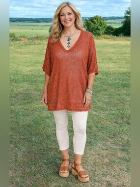 Eileen Fisher Linen Sweater Rust Red Petite XS Long Tunic Length